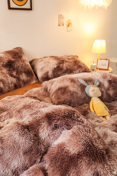 Therapeutic Fluffy Faux Mink & Velvet Fleece Quilt Cover Set - Marble Brown