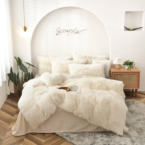 Therapeutic Fluffy Faux Mink & Velvet Fleece Quilt Cover Set - Cream