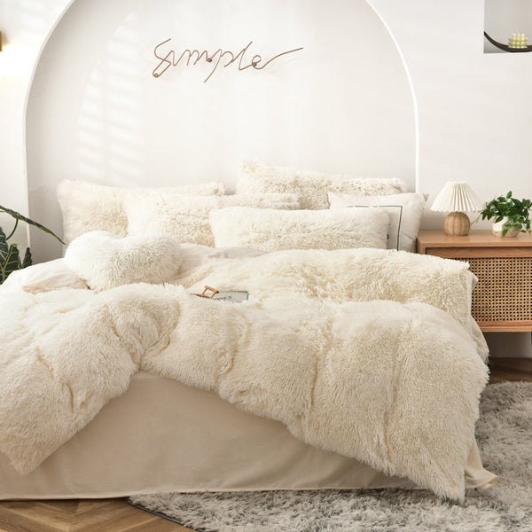 Therapeutic Fluffy Faux Mink & Velvet Fleece Quilt Cover Set - Cream