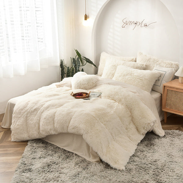 Therapeutic Fluffy Faux Mink & Velvet Fleece Quilt Cover Set - Cream