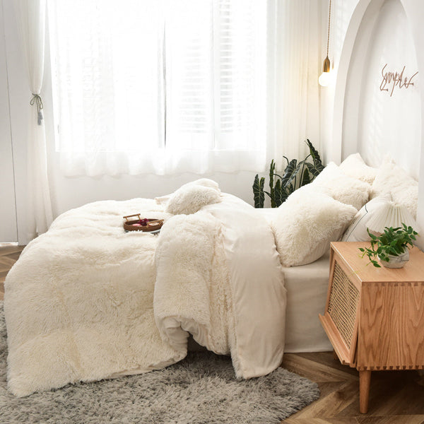 Therapeutic Fluffy Faux Mink & Velvet Fleece Quilt Cover Set - Cream