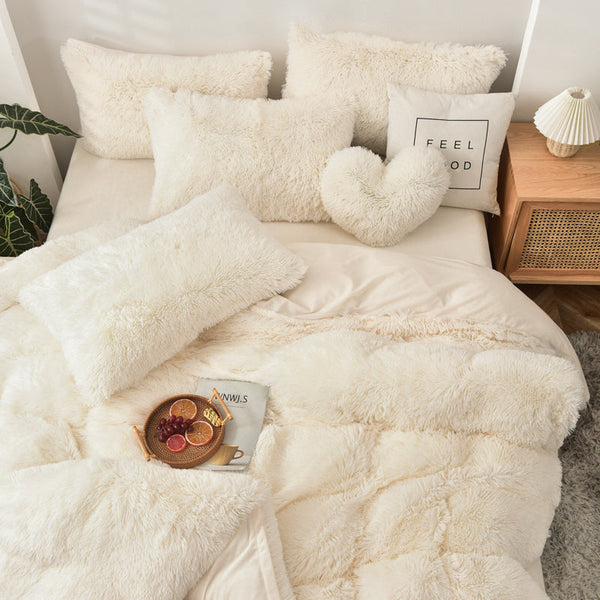 Therapeutic Fluffy Faux Mink & Velvet Fleece Quilt Cover Set - Cream