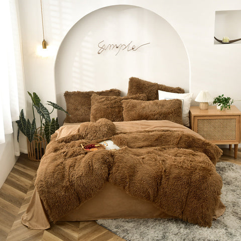 Therapeutic Fluffy Faux Mink & Velvet Fleece Quilt Cover Set - Brown