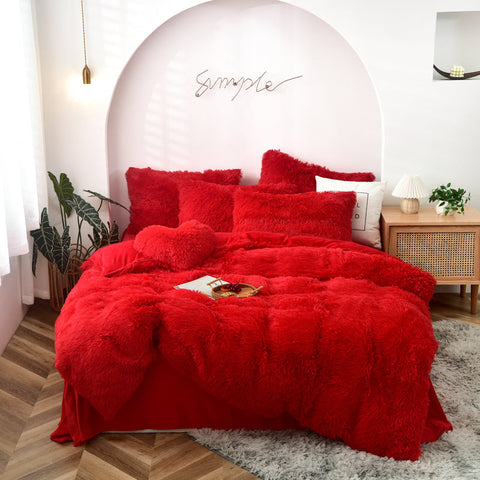 Therapeutic Fluffy Faux Mink & Velvet Fleece Quilt Cover Set - Vivid Red