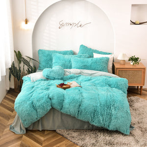 Therapeutic Fluffy Faux Mink & Velvet Fleece Quilt Cover Set - Turquoise