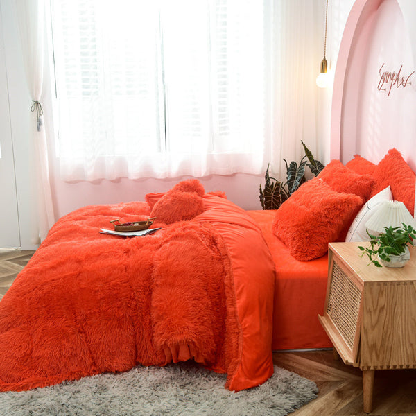 Therapeutic Fluffy Faux Mink & Velvet Fleece Quilt Cover Set - Orange