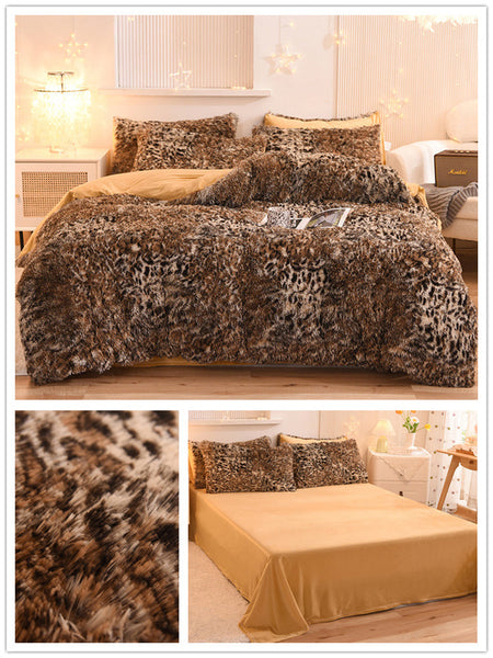 Therapeutic Fluffy Faux Mink & Velvet Fleece Quilt Cover Set - Leopard