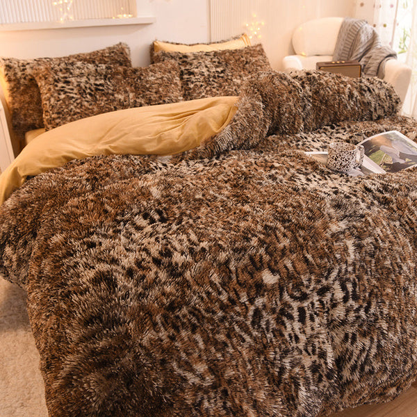 Therapeutic Fluffy Faux Mink & Velvet Fleece Quilt Cover Set - Leopard