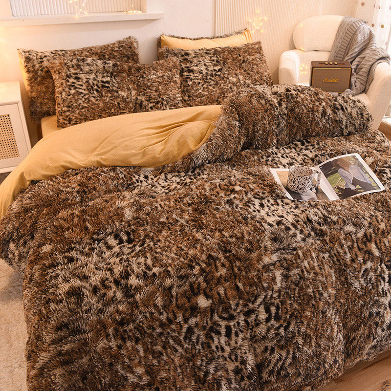 Therapeutic Fluffy Faux Mink & Velvet Fleece Quilt Cover Set - Leopard