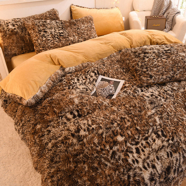 Therapeutic Fluffy Faux Mink & Velvet Fleece Quilt Cover Set - Leopard