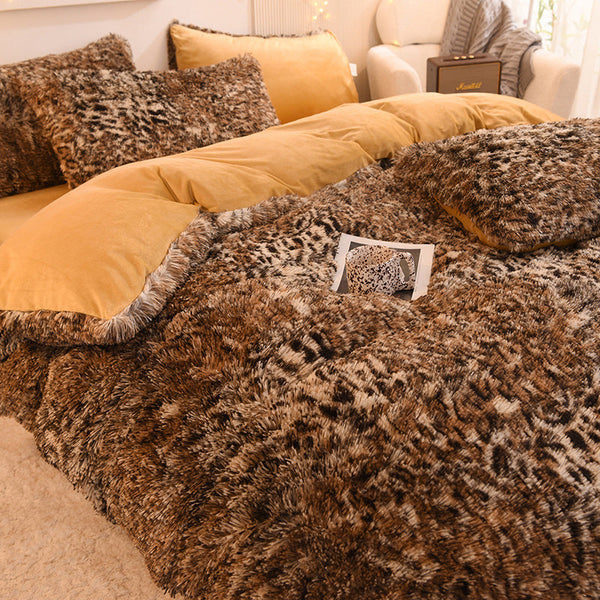 Therapeutic Fluffy Faux Mink & Velvet Fleece Quilt Cover Set - Leopard