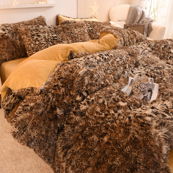 Therapeutic Fluffy Faux Mink & Velvet Fleece Quilt Cover Set - Leopard