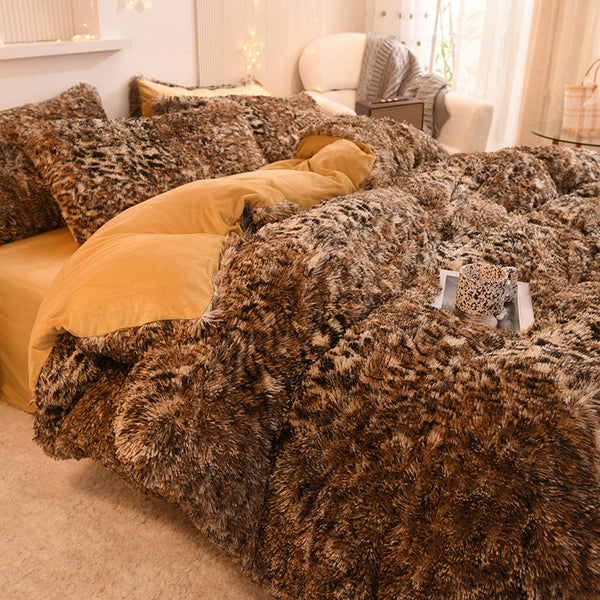 Therapeutic Fluffy Faux Mink & Velvet Fleece Quilt Cover Set - Leopard