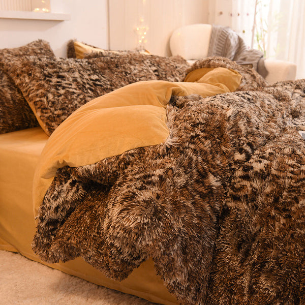 Therapeutic Fluffy Faux Mink & Velvet Fleece Quilt Cover Set - Leopard