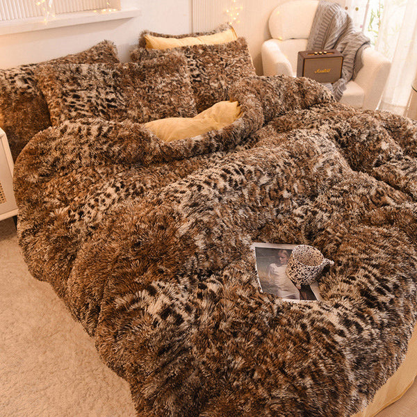 Therapeutic Fluffy Faux Mink & Velvet Fleece Quilt Cover Set - Leopard