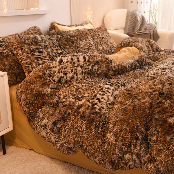 Therapeutic Fluffy Faux Mink & Velvet Fleece Quilt Cover Set - Leopard