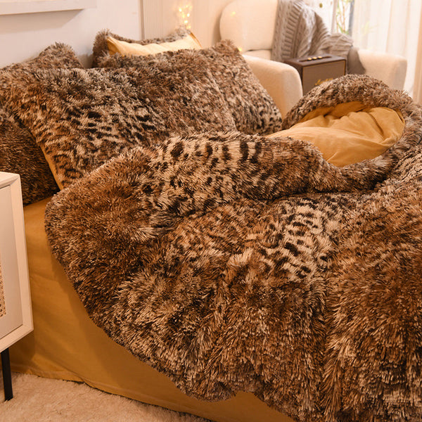 Therapeutic Fluffy Faux Mink & Velvet Fleece Quilt Cover Set - Leopard