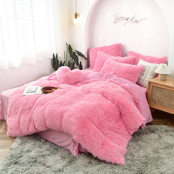 Therapeutic Fluffy Faux Mink & Velvet Fleece Quilt Cover Set - Pink