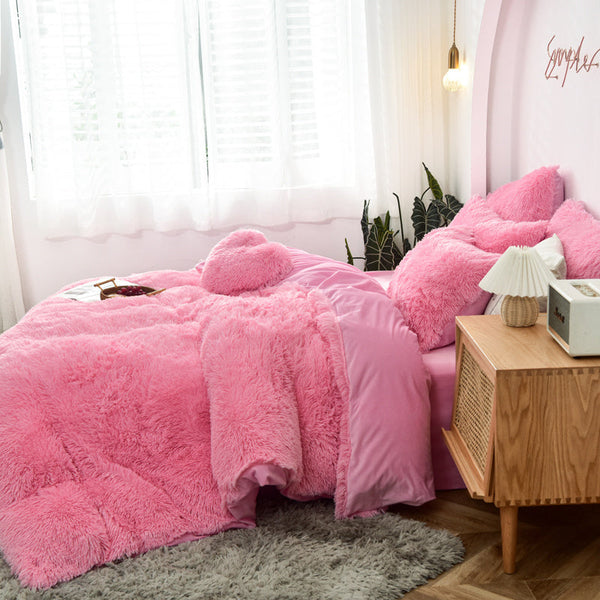 Therapeutic Fluffy Faux Mink & Velvet Fleece Quilt Cover Set - Pink