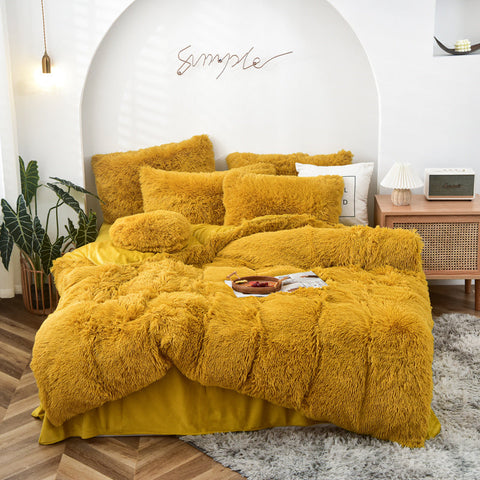 Therapeutic Fluffy Faux Mink & Velvet Fleece Quilt Cover Set - Yellow Gold