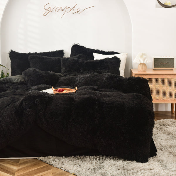 Therapeutic Fluffy Velvet Fleece Quilt Cover and Pillowcases - Black