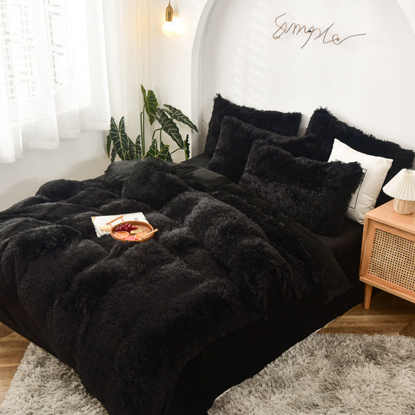 Therapeutic Fluffy Faux Mink & Velvet Fleece Quilt Cover Set - Black