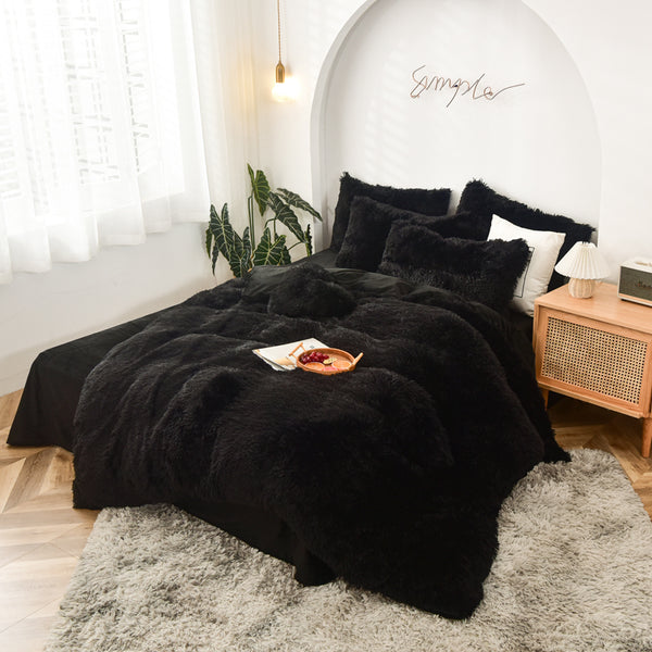 Therapeutic Fluffy Velvet Fleece Quilt Cover and Pillowcases - Black