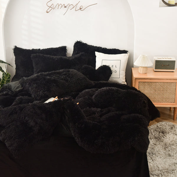 Therapeutic Fluffy Velvet Fleece Quilt Cover and Pillowcases - Black