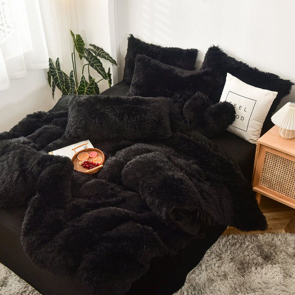 Therapeutic Fluffy Velvet Fleece Quilt Cover and Pillowcases - Black