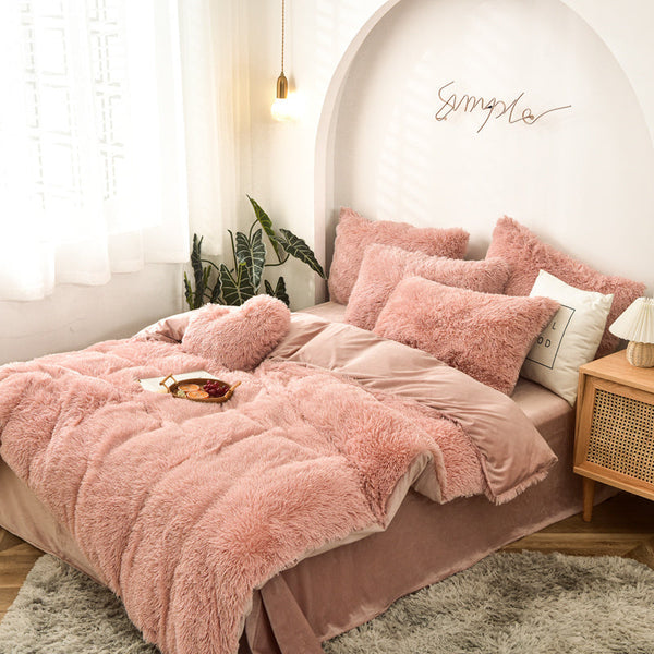 Therapeutic Fluffy Faux Mink & Velvet Fleece Quilt Cover Set - Rose Gold