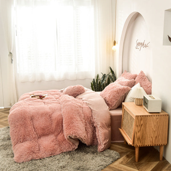 Therapeutic Fluffy Faux Mink & Velvet Fleece Quilt Cover Set - Rose Gold