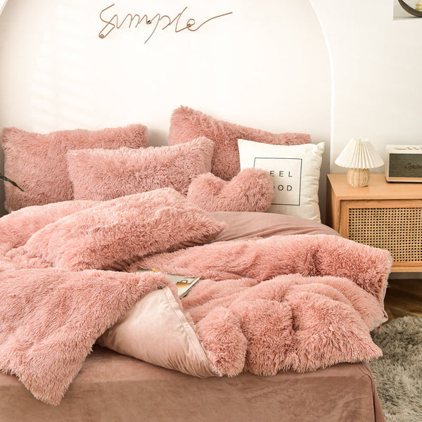 Therapeutic Fluffy Faux Mink & Velvet Fleece Quilt Cover Set - Rose Gold