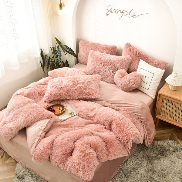 Therapeutic Fluffy Faux Mink & Velvet Fleece Quilt Cover Set - Rose Gold