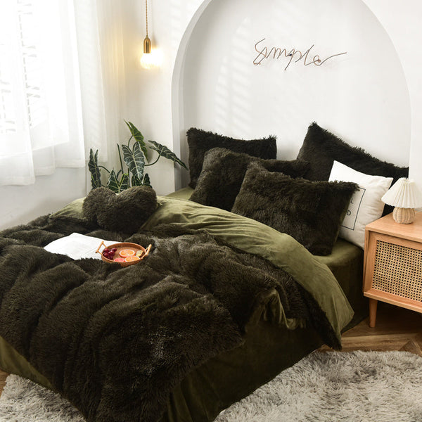 Therapeutic Fluffy Faux Mink & Velvet Fleece Quilt Cover Set - Dark Green