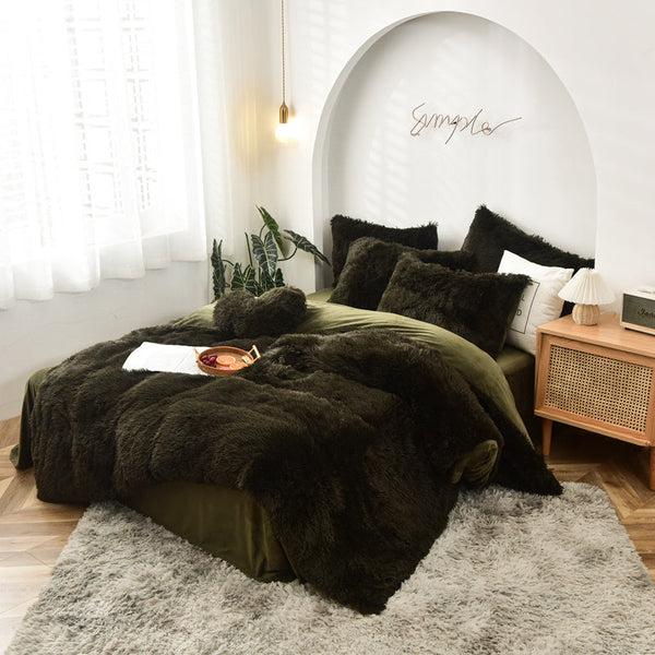 Therapeutic Fluffy Faux Mink & Velvet Fleece Quilt Cover Set - Dark Green