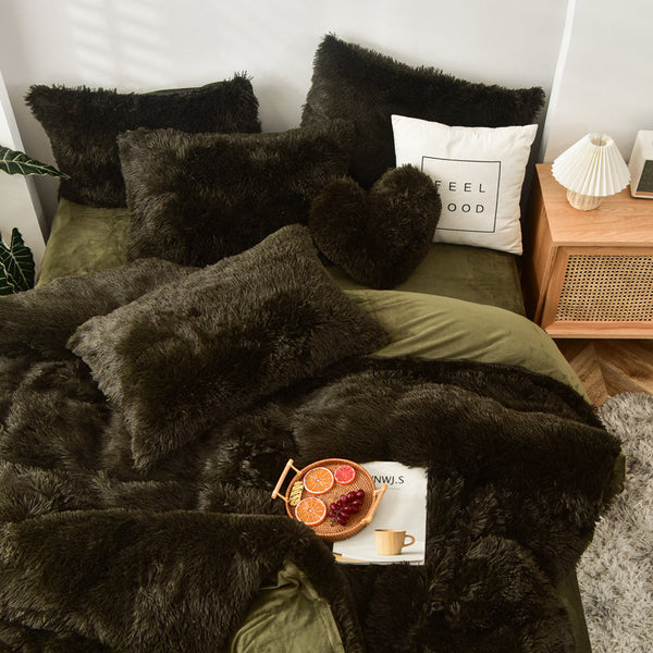 Therapeutic Fluffy Faux Mink & Velvet Fleece Quilt Cover Set - Dark Green