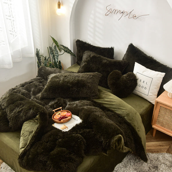 Therapeutic Fluffy Faux Mink & Velvet Fleece Quilt Cover Set - Dark Green