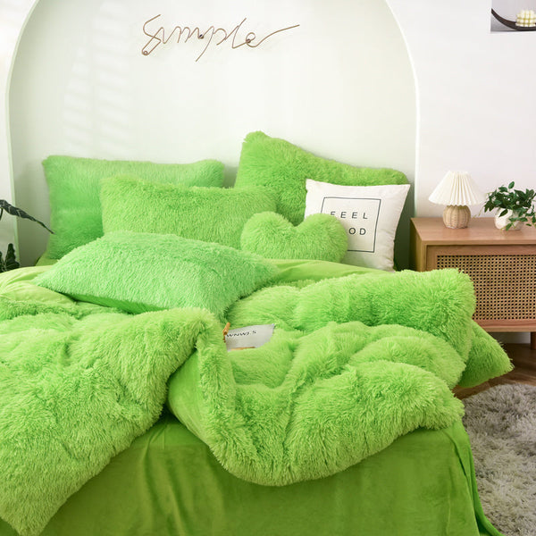 Therapeutic Fluffy Faux Mink & Velvet Fleece Quilt Cover Set - Lime Green