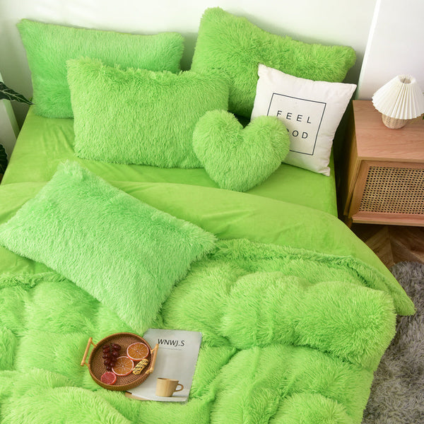 Therapeutic Fluffy Faux Mink & Velvet Fleece Quilt Cover Set - Lime Green