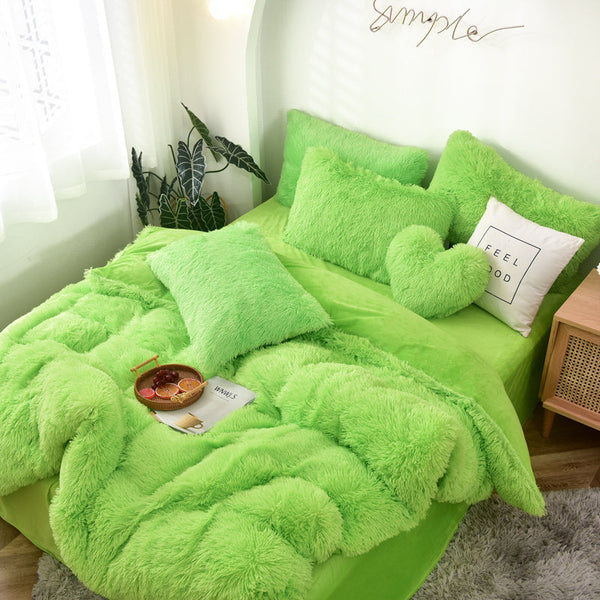 Therapeutic Fluffy Faux Mink & Velvet Fleece Quilt Cover Set - Lime Green