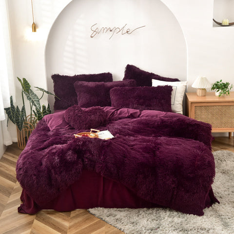 Therapeutic Fluffy Faux Mink & Velvet Fleece Quilt Cover Set - Wine Purple