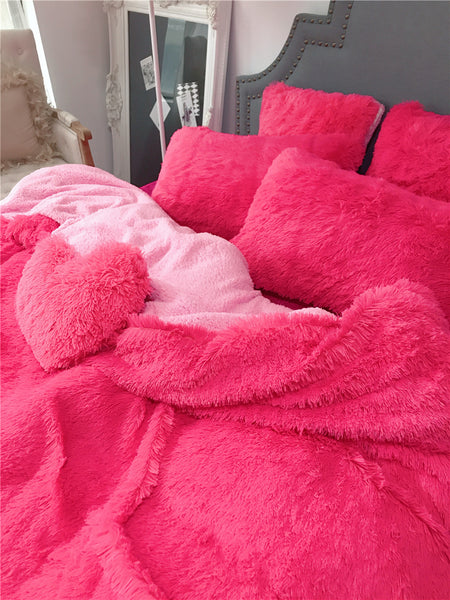 Therapeutic Fluffy Lambswool Quilt Cover Set - Hot Pink