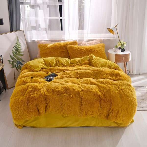 Therapeutic Fluffy Velvet Fleece Quilt Cover and Pillowcases - Mustard