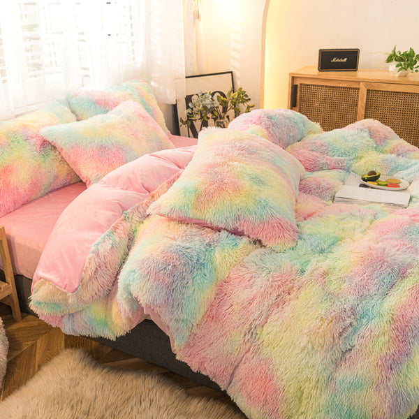 Therapeutic Fluffy Faux Mink & Velvet Fleece Quilt Cover Set - Rainbow Vivid