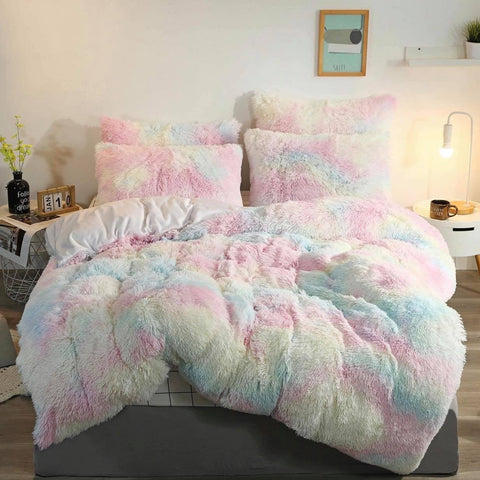 Therapeutic Fluffy Faux Mink & Velvet Fleece Quilt Cover Set - Rainbow Pale