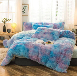 Therapeutic Fluffy Faux Mink & Velvet Fleece Quilt Cover Set - Rainbow Purple Blue