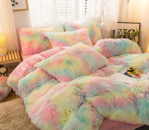 Therapeutic Fluffy Faux Mink & Velvet Fleece Quilt Cover Set - Rainbow Vivid