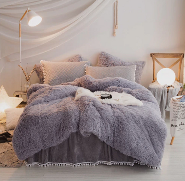 Therapeutic PomPom Fluffy Mink Fleece Bed Set - Grey