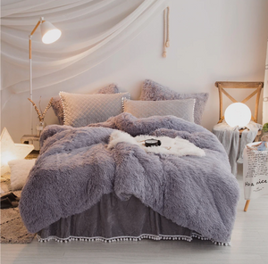 Therapeutic PomPom Fluffy Mink Fleece Bed Set - Grey