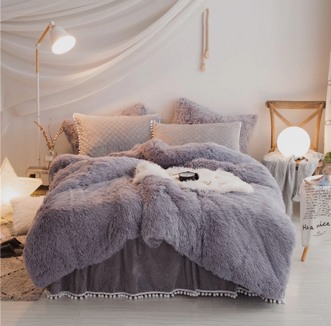 Therapeutic PomPom Fluffy Mink Fleece Bed Set - Grey